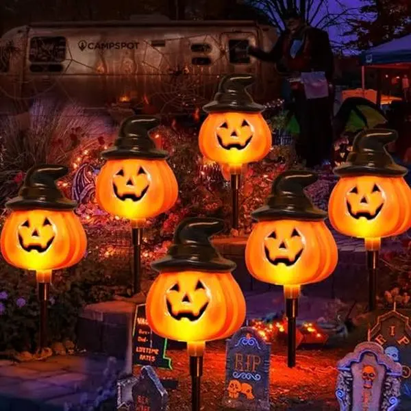 6-Pack Solar Halloween Pumpkin Stake Lights Boxed Set - Plastic Body Jack-O-Lantern Pathway Decor with 8 Lighting Modes, Spooky Fun Halloween Figural Pumpkin Hat Decorative Lights for Outdoor Yard, Garden