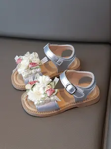 Silver Color Flower Sandals, 3D Floral Decor Pearl Buckle, Sweet Princess Style Girls' Summer Shoes