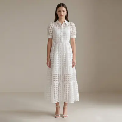 white short dresses plus size Plus Size Semi Formal Elegant White V Neck Puff Sleeve Short Sleeve Tulle Maxi Dress main image 0