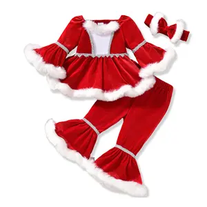 Toddler Baby Girl Christmas Santa Outfit Velvet Feather Trim Tunic Dress Tops Bell Bottoms Flared Pants Xmas Fall Clothes