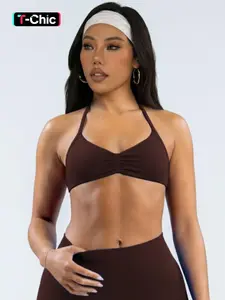 Seamless Wireless Bra for Women, Halter Neck Design, Padded Comfort, Nylon Material, Back Cutout, Ideal for Yoga and Daily Wear