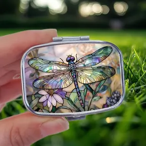 Dragonfly Stained Glass Floral Pill Case, Boho Art Style Double Compartment, Plastic Pill Box with Mirror, Pocket Size Storage for Women, Vitamin Organizer