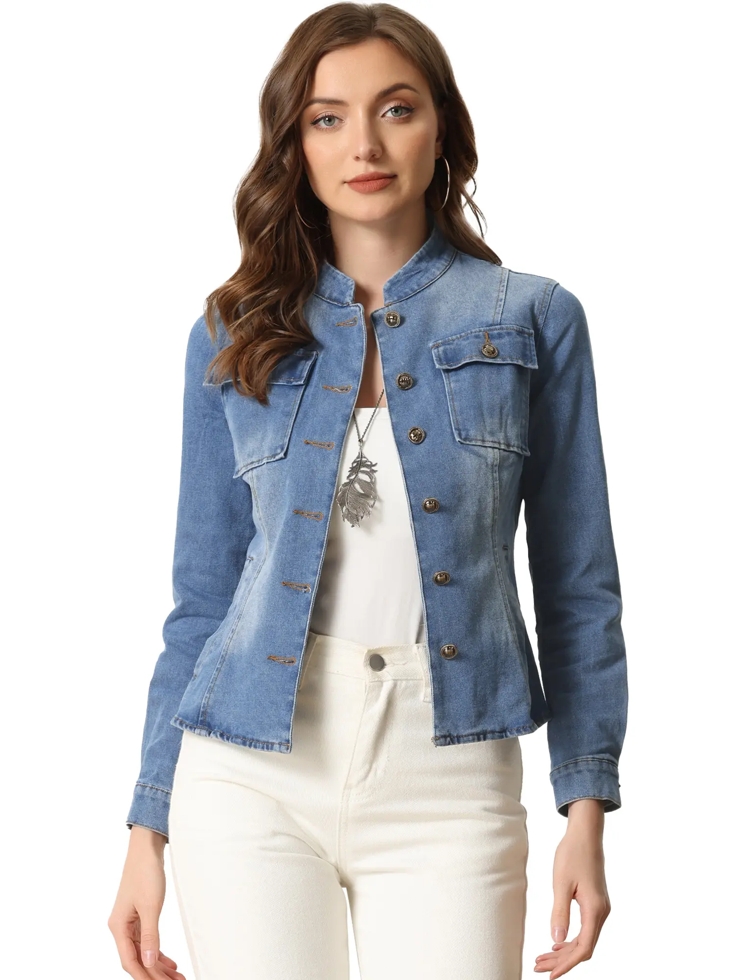 INSPIRE CHIC Casual Denim Jacket Classic Stand Collar Long Sleeve Jean Jackets