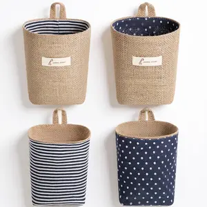2 Pack Hanging Basket for Door Jute Hanging Wall Storage Baskets, Small Linen Wall Organizer for Keys, Wallets, Plants, Boho Decor with Hooks