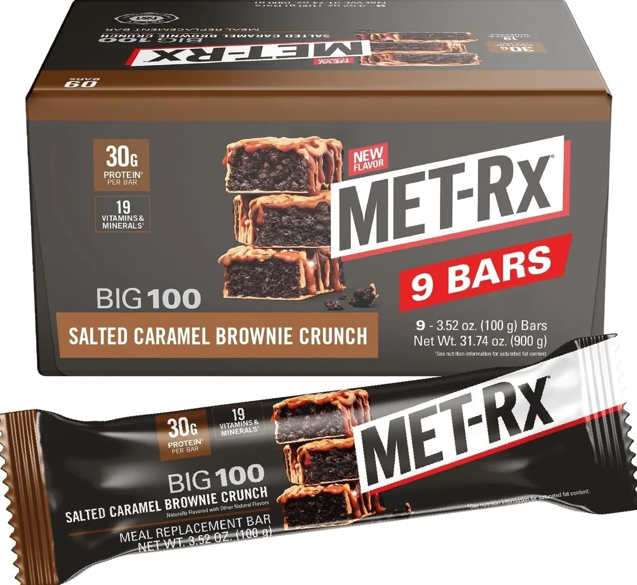 MET-Rx Big 100 Protein Bar, Meal Replacement Bar, 30G Protein, Salted Caramel Brownie Crunch, 9 Count, 3.52 Oz.(Packaging may vary)