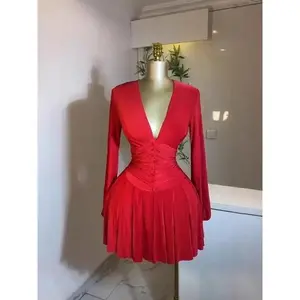 Women Full Sleeve Button High Waist Deep V-neck Pleated Big Swing Dress 2025 Retro Evening Sexy Party Dresses Vestidos Can be used with a raincoat