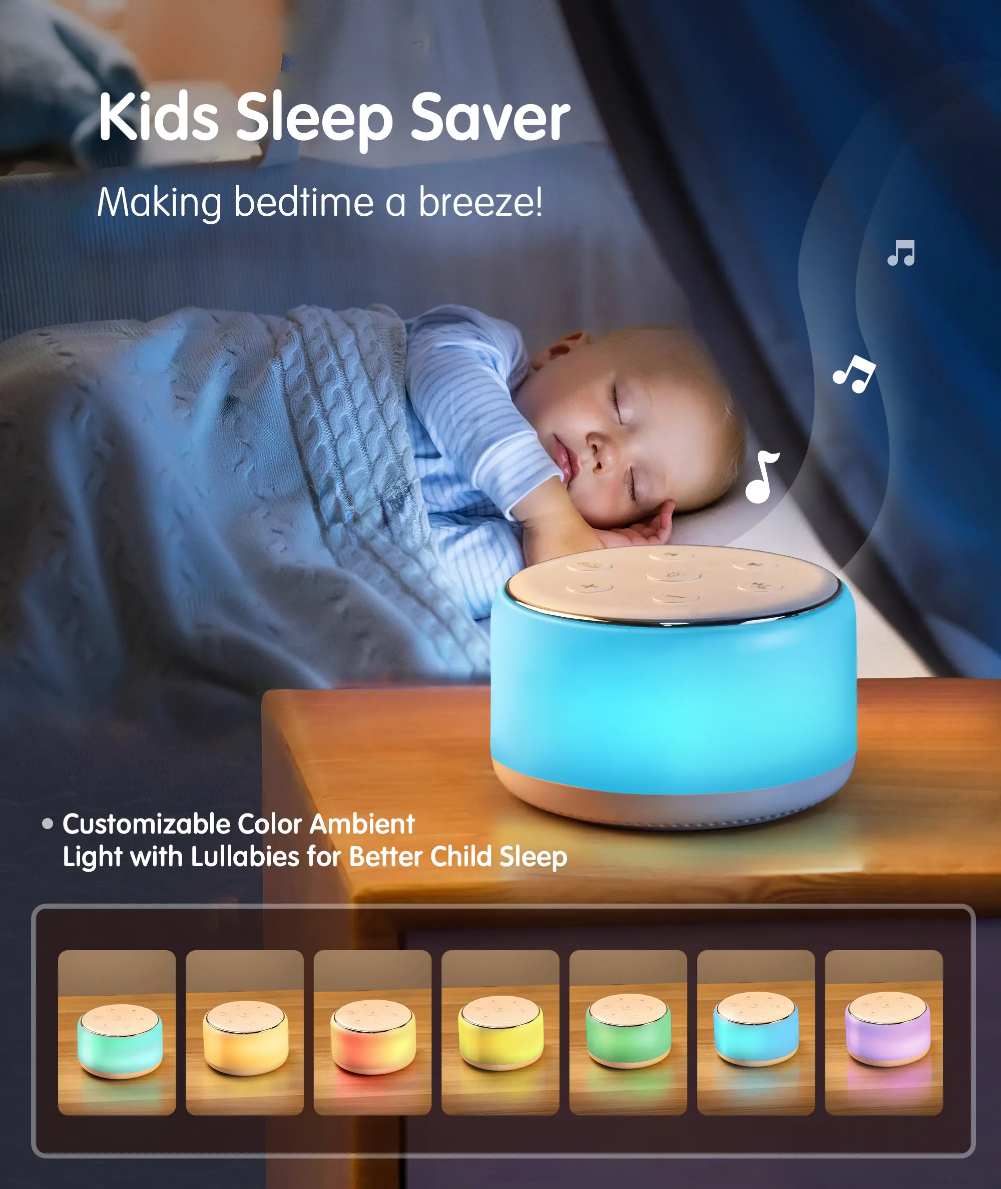 Rechargeable Baby White Noise Machine 7 Color Night Light 34 Soothing Lullaby Sounds Portable Sleep Soother for Kids Adults Travel
