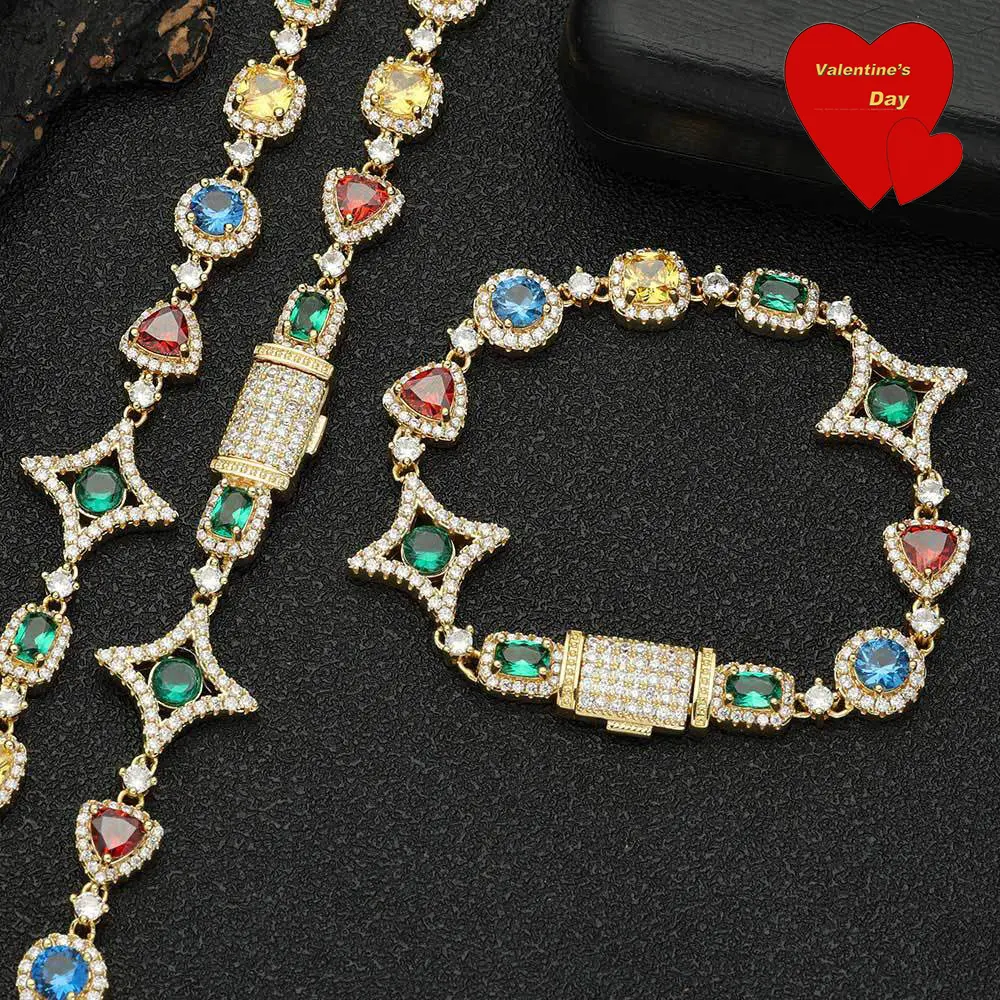 UUR Colorful Iceout ZC Artificial Gemstone Fashion Jewelry Set - Unisex Adults' Pendant Necklace & Bracelet, Ideal Father's Day Gift