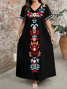 Plus Size Loose Women's V Neck Short Sleeve Ethnic Embroidered Dress, American Bohemian Vintage Style, Colorful Floral Embroidery, Party, Casual