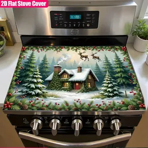 Electric stove cover with snow view Christmas cottage and reindeer design - heat-resistant, scratch resistant glass stove protector, non slip bottom, oven mat, Stove Plate, diatomaceous earth material