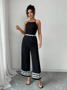 Spring Summer Elegant Round Decor Sleeveless Strap Romper, Waist Cinched Fitted Wide Leg Frill Design, Casual Commuter, Womenswear