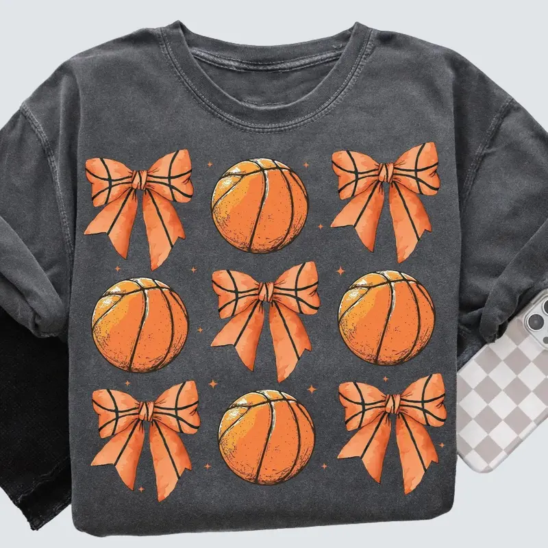Retro Multi Basketball Bow Tshirt, Aesthetic Cute Coquette Bow Basketball Shirt, Mama shirts, Game Day Season Outfits For Her For Mom