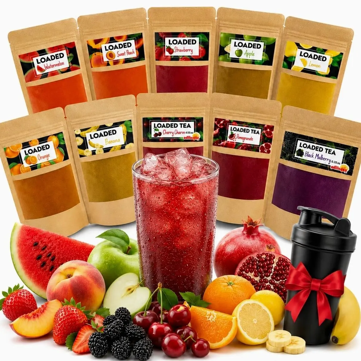 Loaded Tea Pack Mixed Flavors, Includes Shaker, 10 x 10g (0.35 oz), Each Makes 50 fl oz (1.5 Liters), 10 Fruity Flavors, Premium Iced Energy Tea Drink