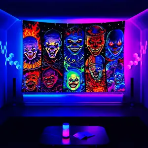 A Glowing Element Horror Split-Screen Multi-Grid Clown Bat Tapestry. Charming Wall Hanging Suitable for Bedroom, Living Room, Dormitory, And Party Background Decoration - UV Reactive Tapestry, Perfect for Room Decor.