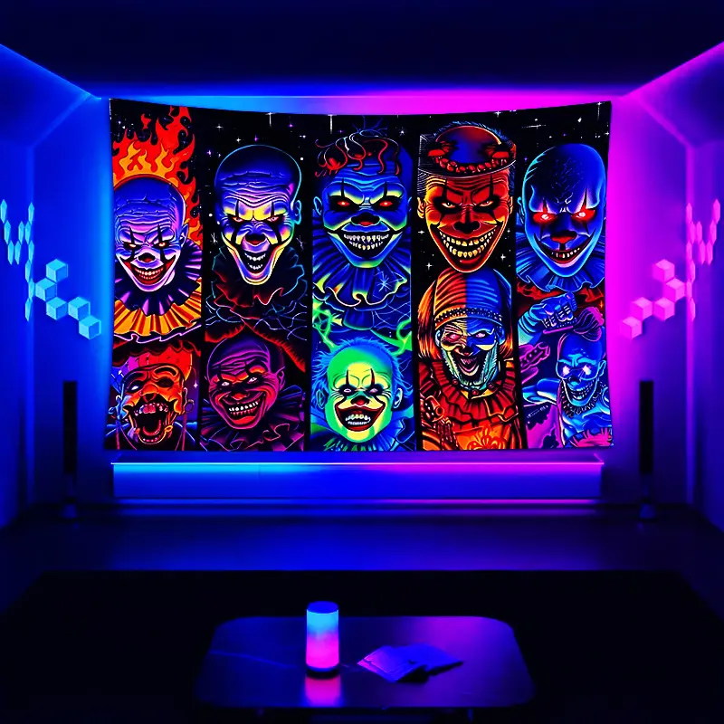 UV Reactive Glow in the Dark Polyester Clown Bat Tapestry - Horror Split-Screen Multi-Grid Design, Wall Hanging for Bedroom, Living Room Decor or Party Background (Home Hanging Supply)