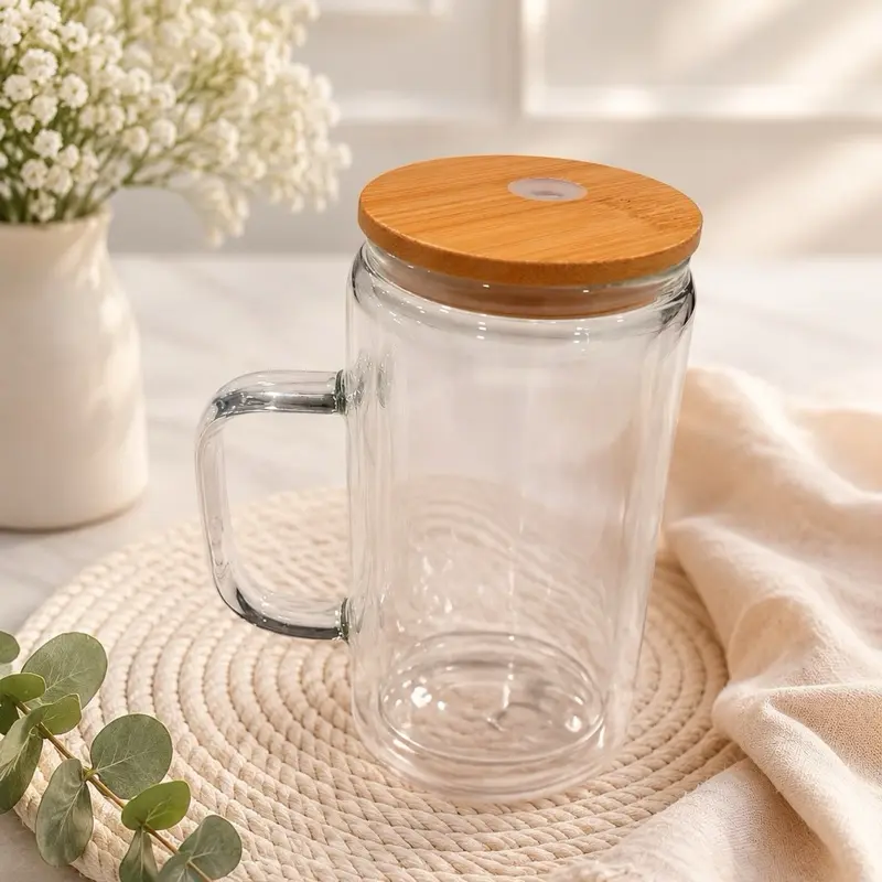 Vaso de Cristal de Doble Pared de 16oz con Tapa de Bambú y Sorbete de Vidrio