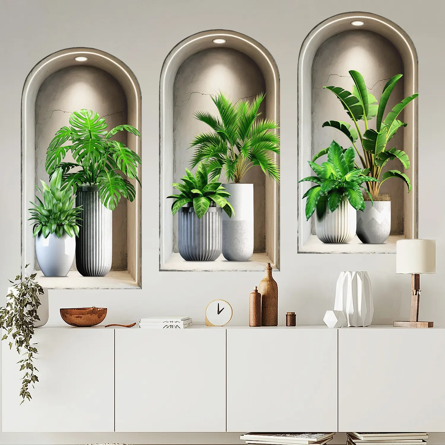 3-piece set, Nordic green plant themed simulated arched window flower basin wall sticker, self-adhesive removable decorative sticker, suitable for wall decoration in living rooms, dining rooms, Home Decor