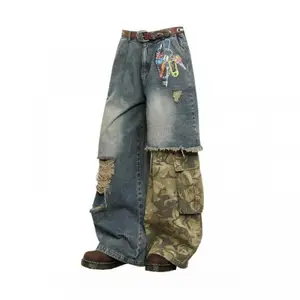 Men's & Women's Street Vintage Y2K Harajuku Baggy Jeans, Washed Patchwork Camouflage Print High Waist Wide Leg Denim Pants