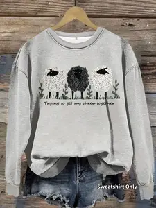 Women's Casual Fitted Three Sheep Graphic Pattern Pullover Sweatshirt, Soft Long Sleeve Round Neck, All-Season Comfort, Durable Fabric