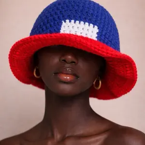 Haitian Flag  ,Crochet Bucket Hat with Red and Blue Colors and White Pattern