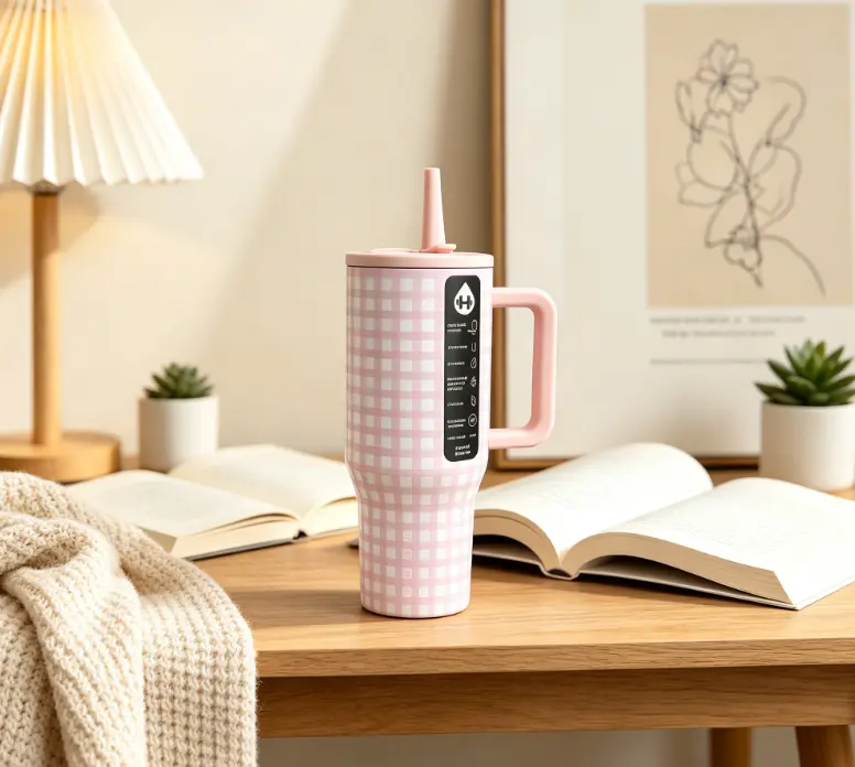 HydroJug 40oz Insulated Wide Mouth Square Flask - Soft Pink Grid Print, Matching Pink Handle Lid & Straw, 18/8 Food-Grade Steel, Leak-Proof Twist Lid, 24hr Cold Retention, Cup Holder-Friendly, Non-Slip Base, BPA-Free, Pour-Ready Large Hydration Mug, Flask