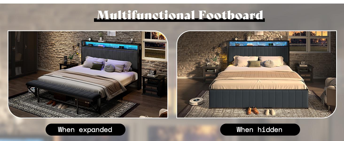 [Black Bed WITHOUT Foldable Ottoman] AMERLIFE TWO Different Bed Frames, Metal Bed with Foldable Ottoman, Velvet Upholstered Headboard/Metal Bed with PU Leather Headboard/ Both Including LED Lights, Charging Station,Storage Shelves