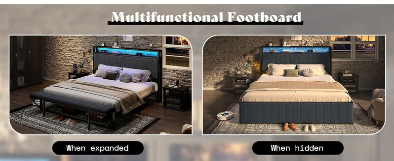 [Black Bed WITHOUT Foldable Ottoman] AMERLIFE TWO Different Bed Frames, Metal Bed with Foldable Ottoman, Velvet Upholstered Headboard/Metal Bed with PU Leather Headboard/ Both Including LED Lights, Charging Station,Storage Shelves/Christmas Gifts