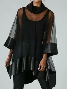 New Solid Color Mesh Patchwork Top, Casual Loose-Fitting Blouse, All Seasons Fashion, Stylish Women's Clothing