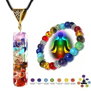Seven Chakra Energy Crystal Beaded Bracelet and Necklace Set, Multi-Gemstone Pendant, Rainbow Crystal Yoga Meditation Jewelry Gift