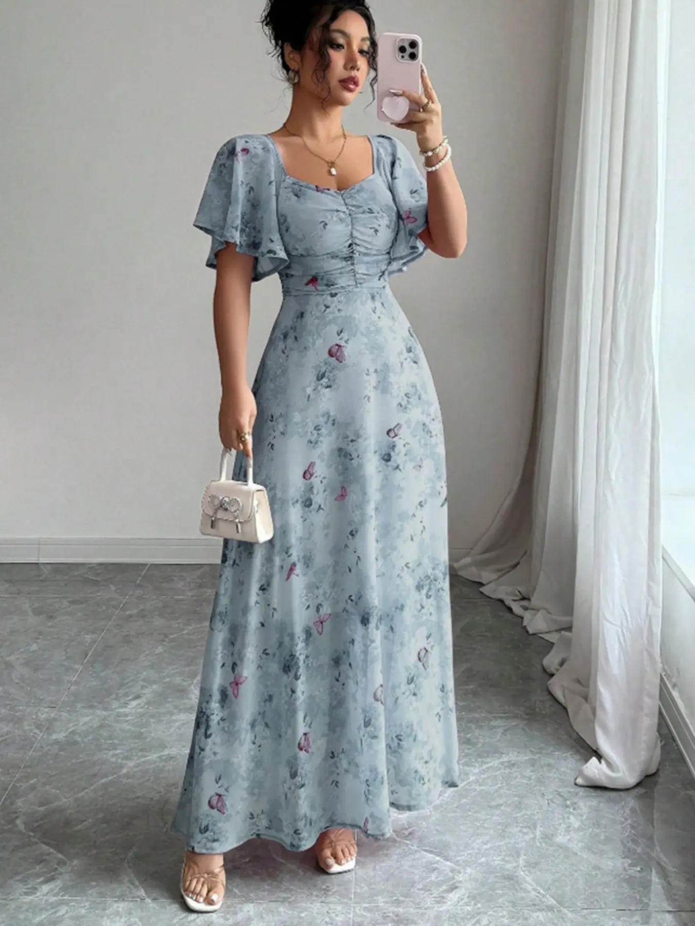 2026 Flowy Breathable Chiffon Floral Print Ruched Maxi Dress, Tummy Flattering Sweetheart Neck, Elegant Summer Dress for Events, Casual Wear, Boho Ruched Cut