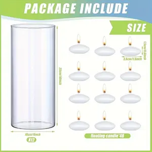 New 12 Pcs Clear Cylinder Vases for Table Centerpieces Hurricane Candle Holder Flower Glass Vases Bulk and 48 Pcs White Floating Candle Set for Christmas Home Wedding Party Decor (7.9 x 3.9 Inches) Ornaments