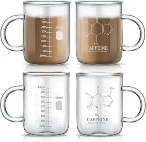 4 Pack 16 oz Caffeine Beaker Mug Caffeine Molecule Mug with Handle Graduated Beaker Coffee Cup Borosilicate Glass Chemistry Cup, Measuring for Coffee, Latte, Tea, Hot Cold Beverage, 450ml