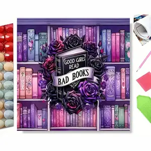 5D Full Drill Diamond Painting Kit, "Good Girls Read Bad Books" Gothic Bookcase with Black Roses Art for Home Wall Decor, DIY Craft with Sparkling Rhinestones, Canvas & Tools, Perfect for Book Lover & Dark Academia Themed Decoration
