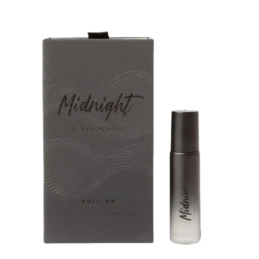 RawChemistry Midnight Pheromone Infused Cologne Roll-On for Men | Alcohol-Free Men's Fragrance Oil | Lavender, Orange Blossom, Leather & Vanilla | Long Lasting Travel Size Cologne | 10ml / 0.34oz | Made in USA
