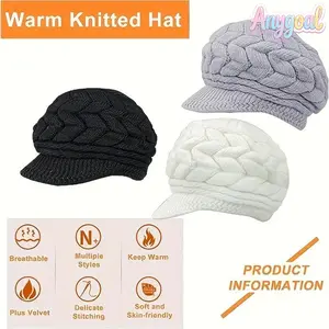 Anygoal Women's Classic Cable Knit Beret Hat - Vintage Solid Color Acrylic, Windproof Thick Sunshade Brim Headwear with Sun Protection Neck Flap for Winter Outdoor Use, Hats for Women