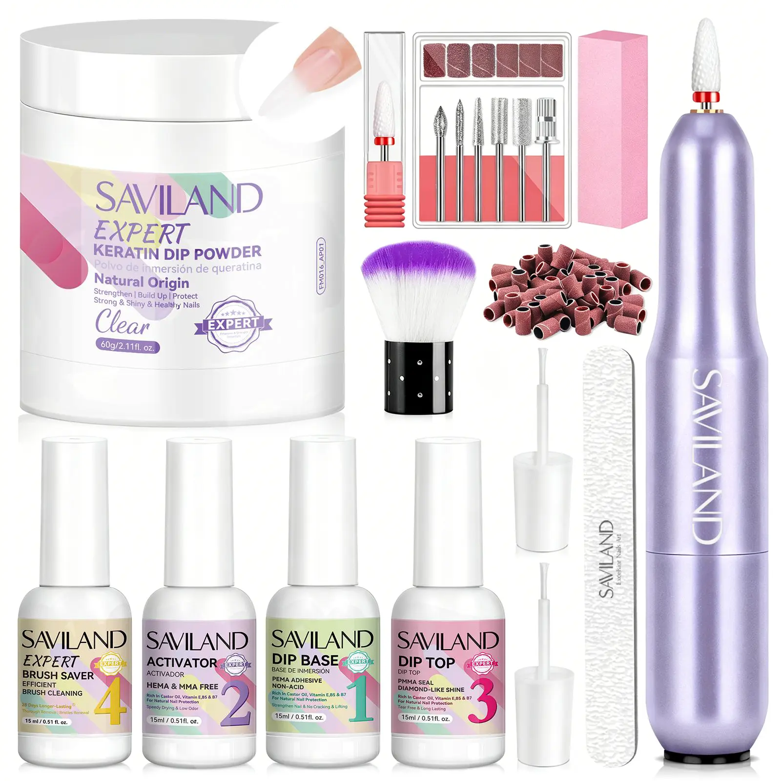 SAVILAND Clear Dip Powder Nail Kit: 60g Clear Dip Powder Dipping Liquid Set Base Activator Top Coat Brush Saver Nail Builder Repair Kit for DIY Nails Polish Cosmetic