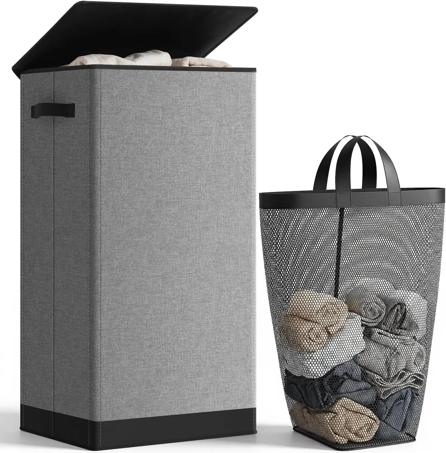 SOLEDI Laundry Hamper with Lid 100L Large & Tall Collapsible Laundry Basket, Clothes Hamper with Bag Removable Easy to Carry, Dirty Hampers for Bedroom, Bathroom, Dorm, College, Grey