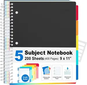 5 Subject Graph Paper Notebook - 400 Pages, 9"x11", 4x4 Graph Ruled Notebook, 5 Pocket Colored Dividers, 3-Hole Punched Paper, Black