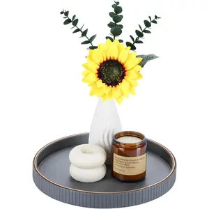 Round Serving Tray, PU Leather Decorative Tray Table Centerpiece for Kitchen  Coffee Table Decor, Perfume Trinket  Tray for Dresser, Ottoman Tray Nightstand Organizer, Gray