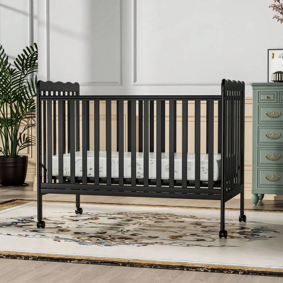 3-in-1 Convertible Pinewood Crib - Baby Nursery Furniture, Toddler Bed with Rails, Locking Wheels, Adjustable Mattress Height, Compact, Meets Safety Standards for Newborns & 18-24 Months Infants