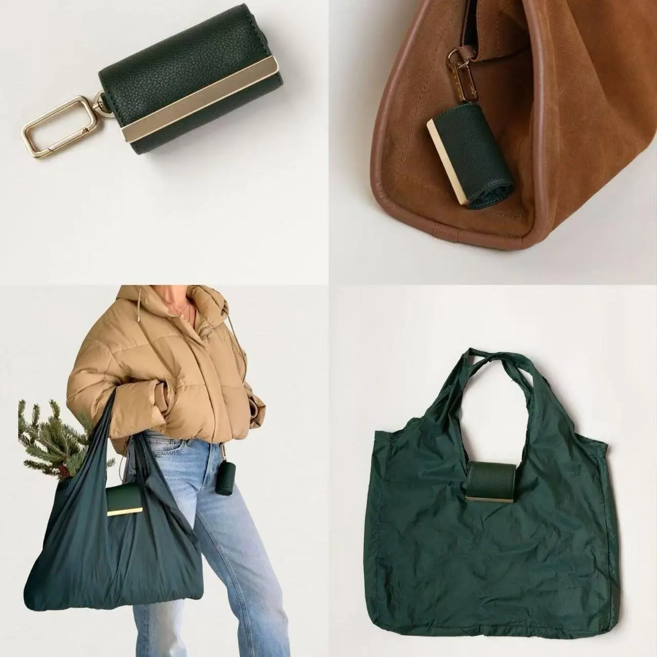 Mini Handbag, Foldable Vegan Leather Keychain Tote, Expandable & Reusable Casual Commuter Bag for Shopping & Travel