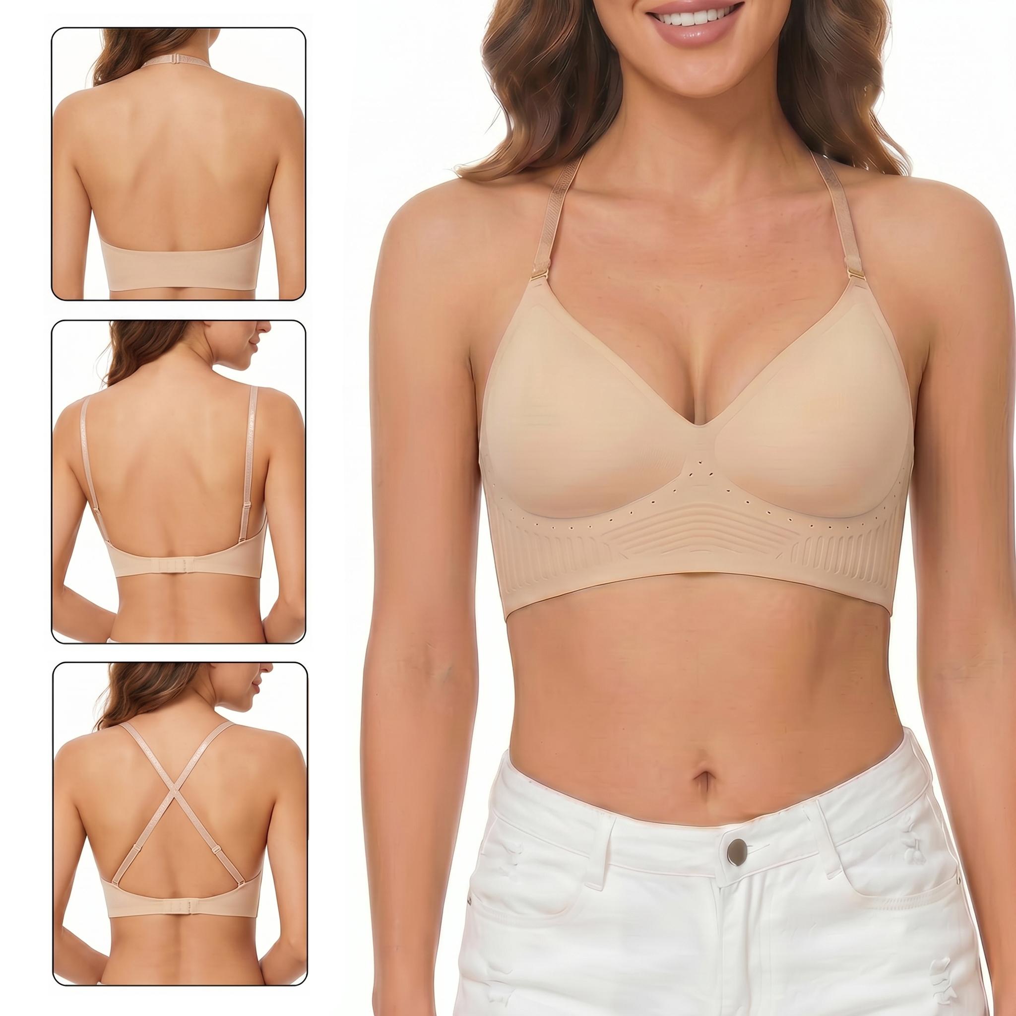 LUCKMEEY Low Back Backless Bras for Women Seamless Invisible Backless Bra Lightly Lined Demi Multiway Bra Multiway Straps Convertible Halter Bra Everyday