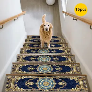 15pc Luxury European Style Stair Mats, Deep Blue Anti-Slip Wear-Resistant, Home Villa Stair Carpet, Beautiful Pattern Decorative Rug