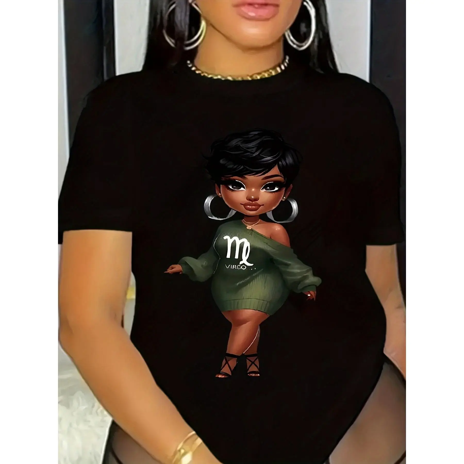 Women's 180g Black Cotton Loose Virgo Astro Print Short-Sleeve Crewneck T-Shirt, Elegant Astrological Digital Knit Tops, Comfortable Casual All Seasons Wear, Perfect Birthday Gift for Zodiac Enthusiasts, Shortsleeve, Digital Print