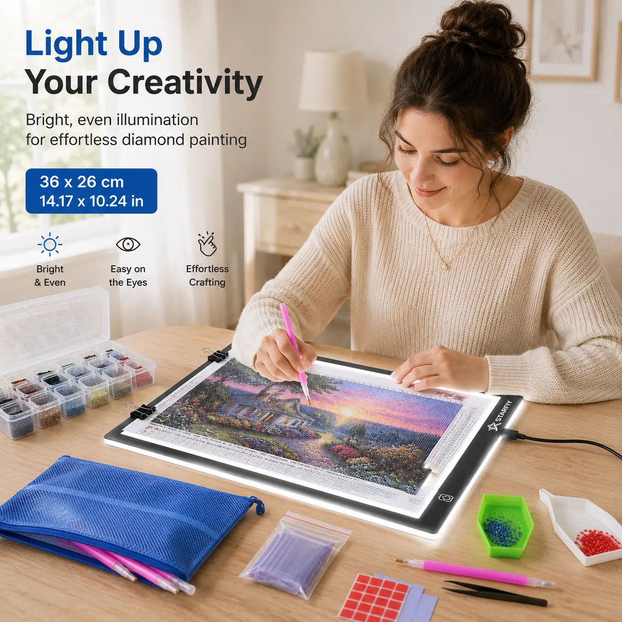 36x26cm Ultra-Thin LED Light Pad for Diamond Painting, USB Powered Tracing Light Box & Copy Board with 3-Level Dimming, Adjustable Brightness for Drawing, Sketching, DIY Crafts, Back to School Art Supplies (Stand Not Included)