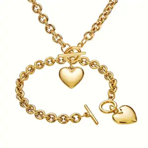 18K Gold Plated Heart Pendant Chunky Chain Necklace Bracelet Set | Y2K Aesthetic Toggle Clasp Jewelry Gift for Her