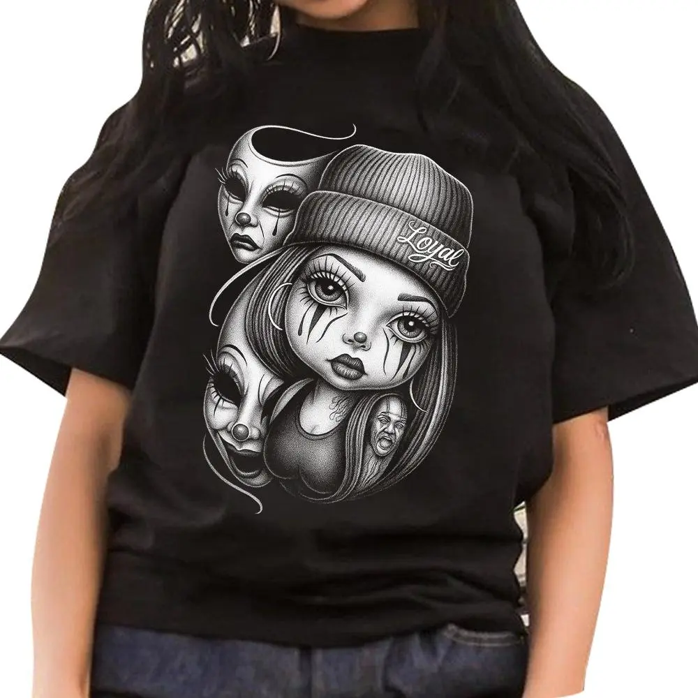 Cotton Short-Sleeve Round Neck Streetwear Top, Smile Now Cry Later Chicano Chicana Lowrider Art Fashion Outfit for Baby Girls