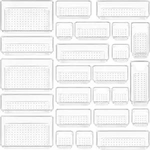 25 PCS Clear Plastic Drawer Organizers Set, 4-Size Versatile Bathroom and Vanity Drawer Organizer Trays, Storage Bins for Makeup, Bedroom, Kitchen Gadgets Utensils and Office