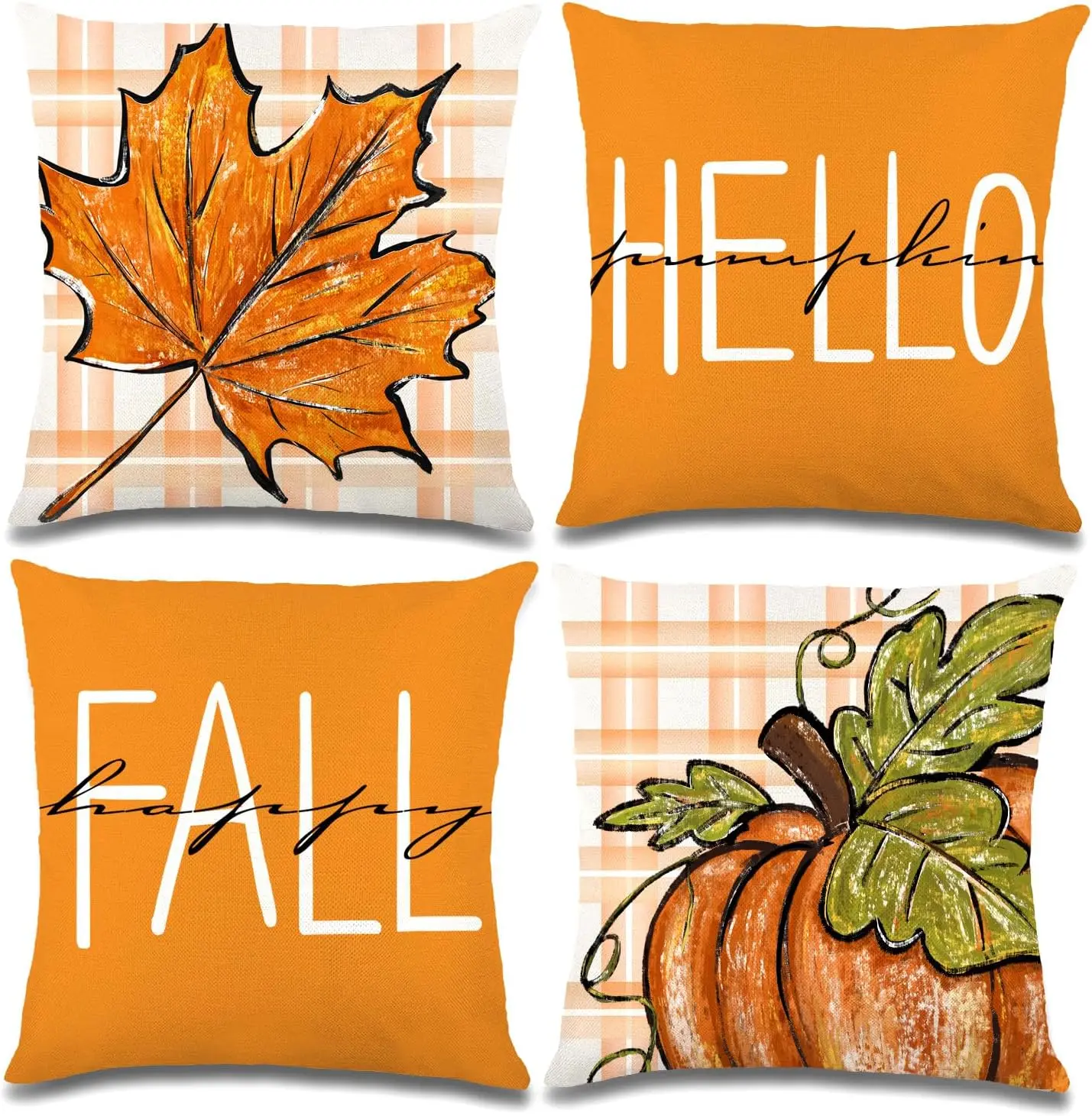 4 count Fall Pillow Covers Decoration,20x20in Buffalo Plaid Farmhouse Pumpkin Maple Leaves Thanksgiving Fall Throw Pillows Cushion Case Couch Decor for Autumn  Outdoor Decorations