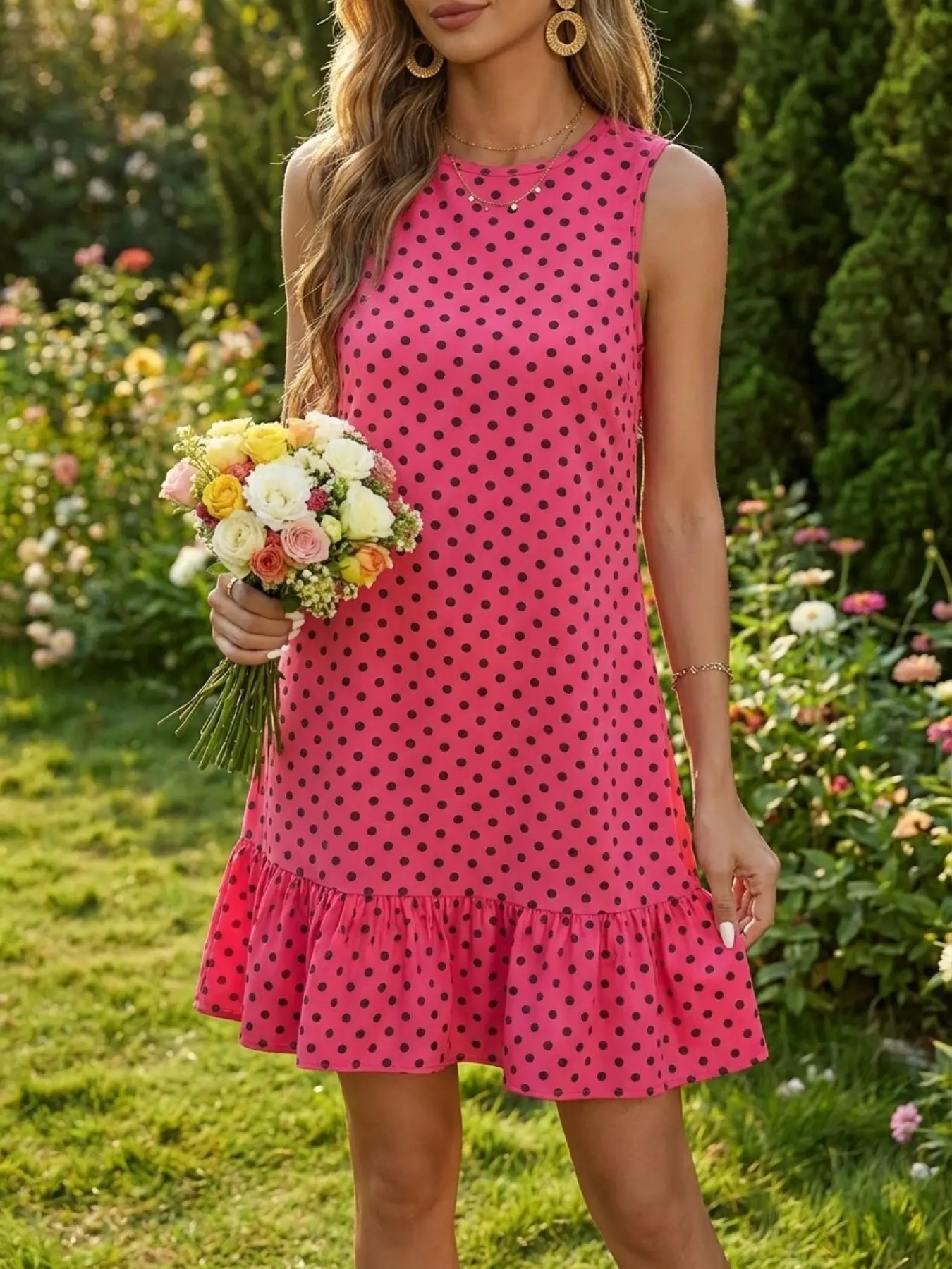 2026 Spring Summer Plus Size Casual Polka Dot Print Sleeveless Dress, Vintage Sweet Spicy Style, Ruffled Elastic Hem, Perfect for Brunch Dresses, Picnics and Dates